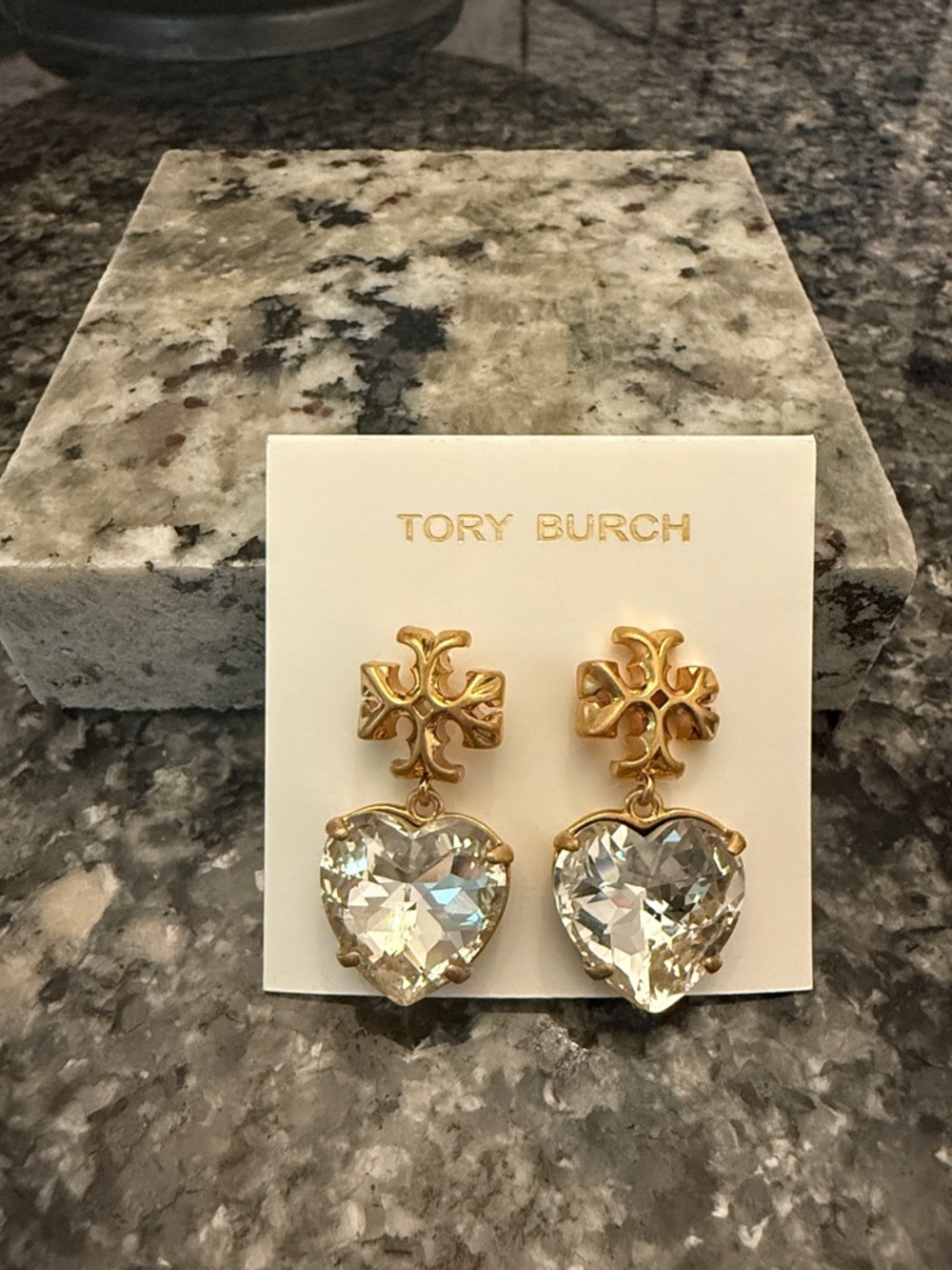 Tory Burch Gold-Tone Logo Drop Earrings with Clear Heart Crystals